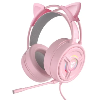 Проводная гарнитура MOOL Pink с кошачьими ушками и складным микрофоном, игровая гарнитура, игровая гарнитура для настольного ноутбука