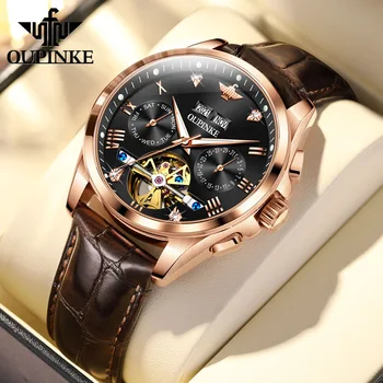 Модные мужские часы OUPINKE, дизайн рамы с автоматическим механическим маховиком, Дышащий Кожаный Классический ремешок, деловые мужские часы 3186