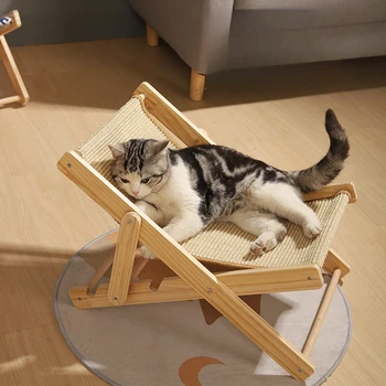 Кровать для домашних животных из массива дерева, складной диван для домашних животных, кресло для кошек, кресло с откидной спинкой, Износостойкая доска для кошачьих царапин из сизаля, Дышащая мебель для кошачьих кроватей