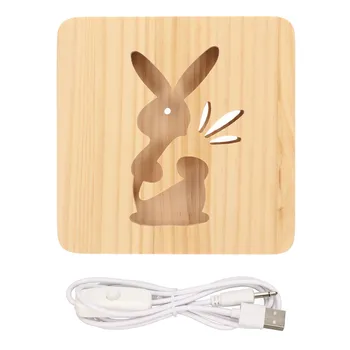 Ночник с деревянной резьбой, деревянная 3D-лампа в форме кролика для гостиной