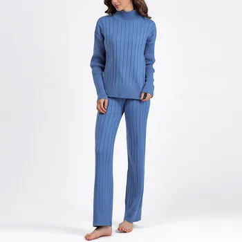 Широкие Брюки, Вязаный Свитер из двух частей, женская осенне-зимняя мода 2023, повседневный Темперамент, свободный повседневный свитер с высоким воротом