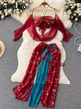 Женские Сексуальные экзотические юбочные костюмы CHILLGIO с винтажным цветочным принтом, модные повседневные эротические пижамные комплекты Hanfu из 4 предметов с прозрачной сеткой