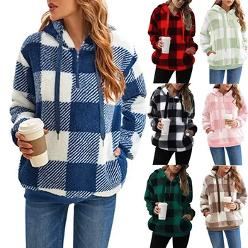 Женская плюшевая куртка 2023 Осень и зима, Новый теплый и удобный клетчатый свитер с капюшоном и длинными рукавами