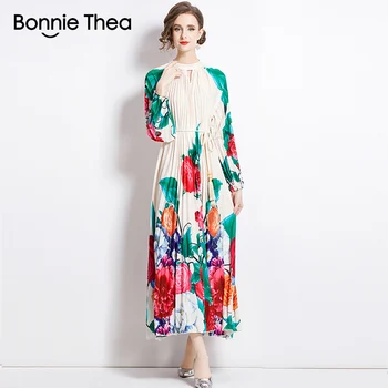 Bonnie Thea, осеннее элегантное плиссированное платье с принтом, женское платье с рукавом-фонариком, свободное Винтажное платье большого размера для вечеринок Vestidos Maxi Dress 2023