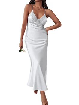 Женское повседневное длинное платье-комбинация, кружевное ночное платье в стиле пэчворк, атласное платье-комбинация для женщин