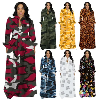 Камуфляжные платья для уборки с леопардовыми буквами для женщин 2023 года С поясом и пуговицами, свободные платья миди с длинным рукавом