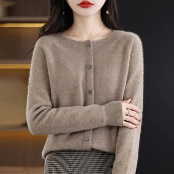 Женская трикотажная рубашка с круглым вырезом, свитер для похудения, свободное однотонное осенне-зимнее пальто, теплый кашемировый низ, универсальный кардиган