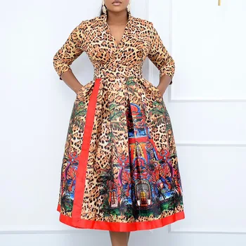 Традиционное леопардовое этническое платье с рукавами 3/4, офисное женское длинное платье макси в африканском стиле, летние платья для женщин