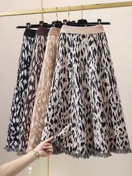 TIGENA, Винтажная Длинная трикотажная юбка с леопардовым принтом, Женская Осенне-зимняя мода 2023, Подол с кисточками, Трапециевидная юбка Миди с высокой талией, Женская