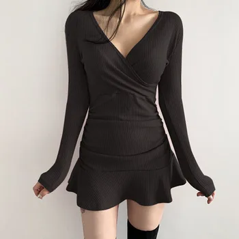 Мини-платье, трикотажная одежда для вечеринок с V-образным вырезом в рубчик, Облегающие вечерние платья с длинным рукавом и оборками Для женщин, черное платье