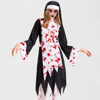 Женский костюм монахини для косплея в стиле Хэллоуина, женское платье монахини с кровавыми пятнами, тонкий костюм вампира ужасов со шляпой на молнии