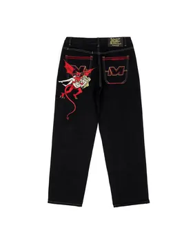 Джинсы с принтом дьявола в стиле ретро для мужчин и женщин, свободные прямые широкие брюки American Y2K, осенние новые повседневные брюки оверсайз ins