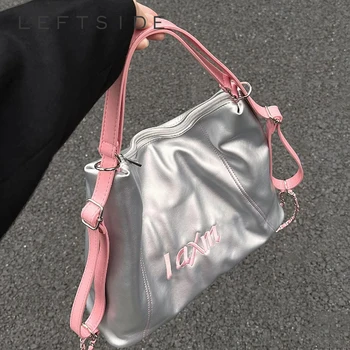 Большие сумки из искусственной кожи в стиле LEFTSIDE Y2K, милые однотонные сумки для подмышек, серебро 2023 года, Корейская модная дизайнерская сумка для подмышек, сумка через плечо