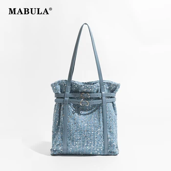 MABULA Модная женская джинсовая сумка через плечо, повседневная сумка-тоут большой емкости, полосатая холщовая сумка высокого качества, женская сумка из искусственной кожи.