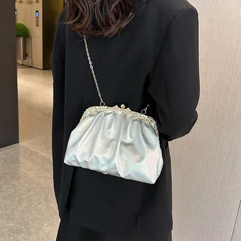 Женская кожаная сумка Cloud с блестящим лазером 2022, ретро-сумка через плечо с цепочкой, роскошная женская сумка, плиссированная сумочка для клецек, праздничный клатч