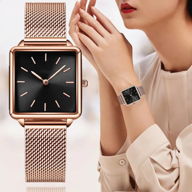 Женские часы с простым квадратным циферблатом, Роскошные Золотые Серебряные Кварцевые Наручные Часы, Ремешок с магнитной сеткой, Элегантные женские Часы Reloj Mujer Изображение 0