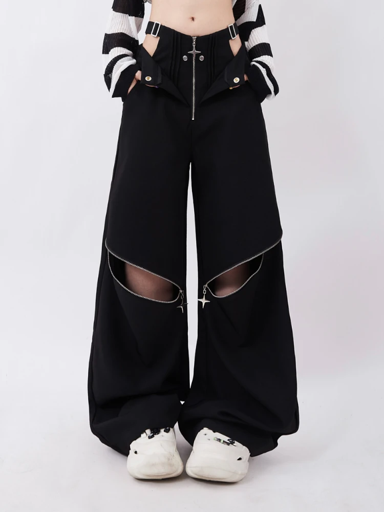 Черные брюки-Карго Женские 2023 Летние Американские Горячие Девушки С Низкой Талией На Молнии Двухстороннего Дизайна Повседневные Универсальные Широкие Брюки Модные Изображение 0