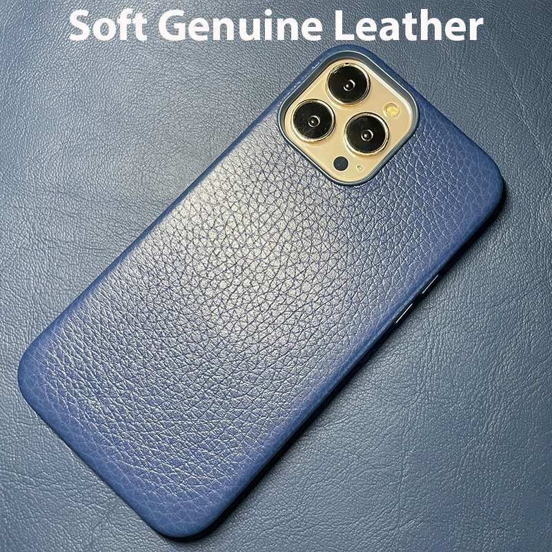 Чехол из натуральной кожи для iPhone 14 Pro Max, кожаный чехол для iPhone 13 Pro Max, задняя крышка с магнитной зарядкой, сине-зеленый цвет Изображение 0