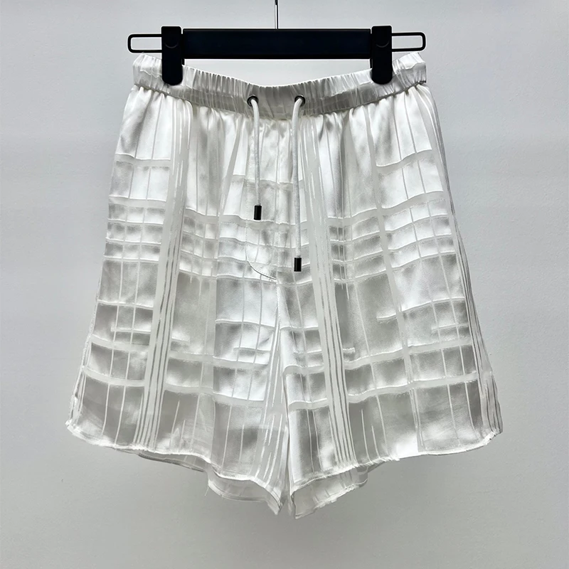 2023 женская клетчатая прозрачная рубашка высшего качества, лоскутные шорты из смесовой шелковой ткани с геометрическим рисунком, короткие Изображение 1
