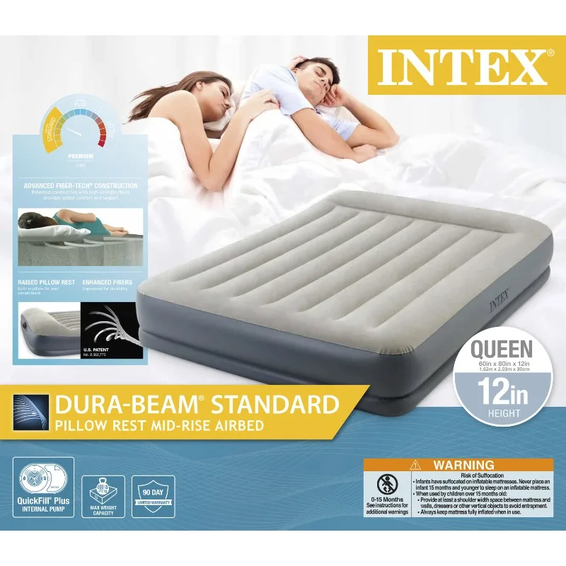 Intex Dura-Beam, 12-дюймовая подушка, надувной матрас средней высоты со встроенным насосом, Queen Изображение 1