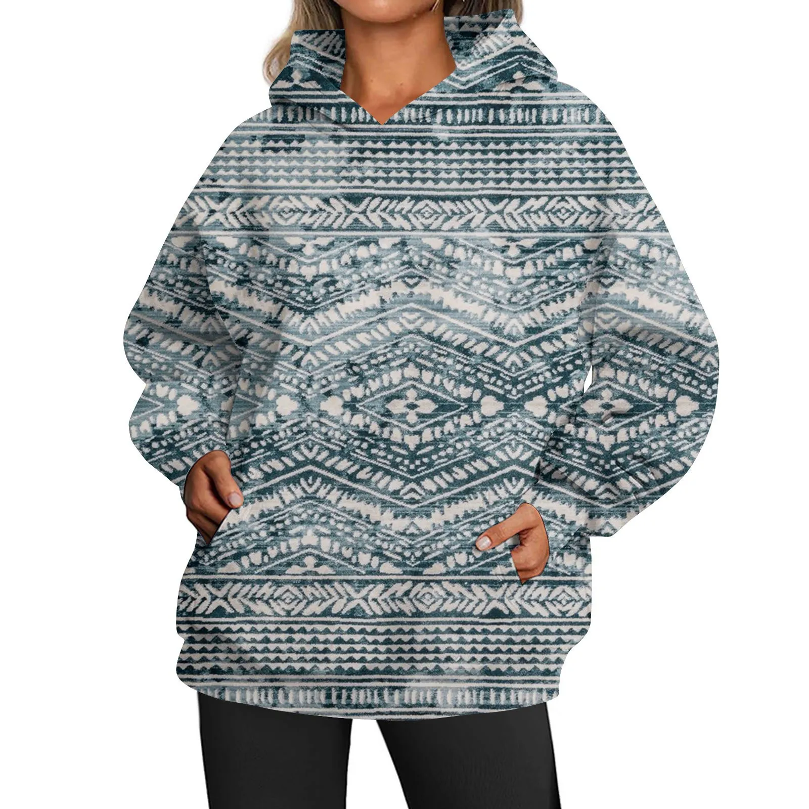 Женский весенне-осенний новый свободный свитер с капюшоном с крупным повседневным принтом Изображение 1