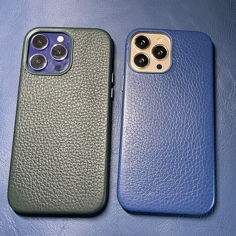 Чехол из натуральной кожи для iPhone 14 Pro Max, кожаный чехол для iPhone 13 Pro Max, задняя крышка с магнитной зарядкой, сине-зеленый цвет Изображение 1
