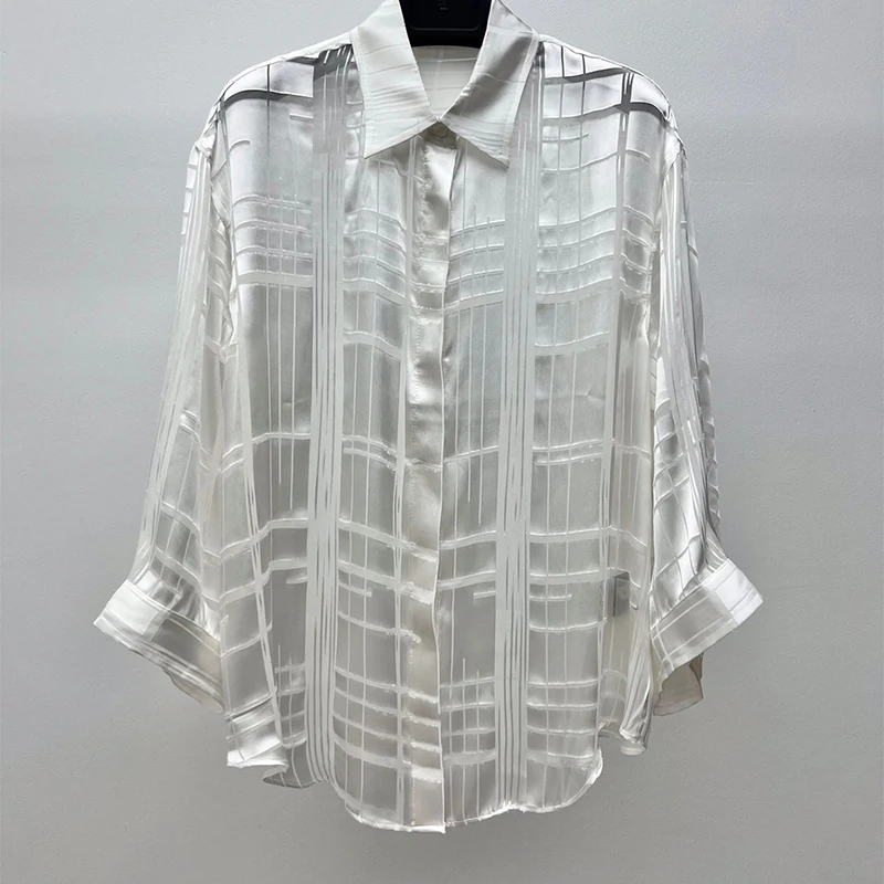 2023 женская клетчатая прозрачная рубашка высшего качества, лоскутные шорты из смесовой шелковой ткани с геометрическим рисунком, короткие Изображение 3