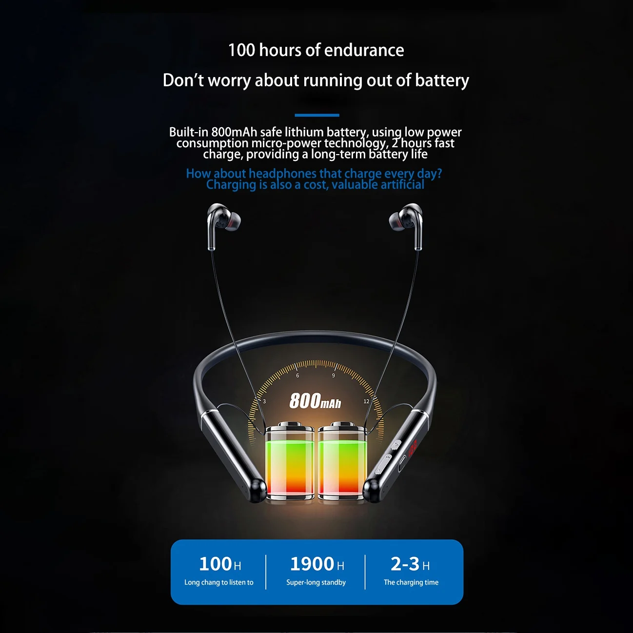 S650 100 часов работы Bluetooth Наушники Стерео беспроводные Bluetooth наушники Шейный платок Шумоподавляющая спортивная гарнитура для бега Изображение 4