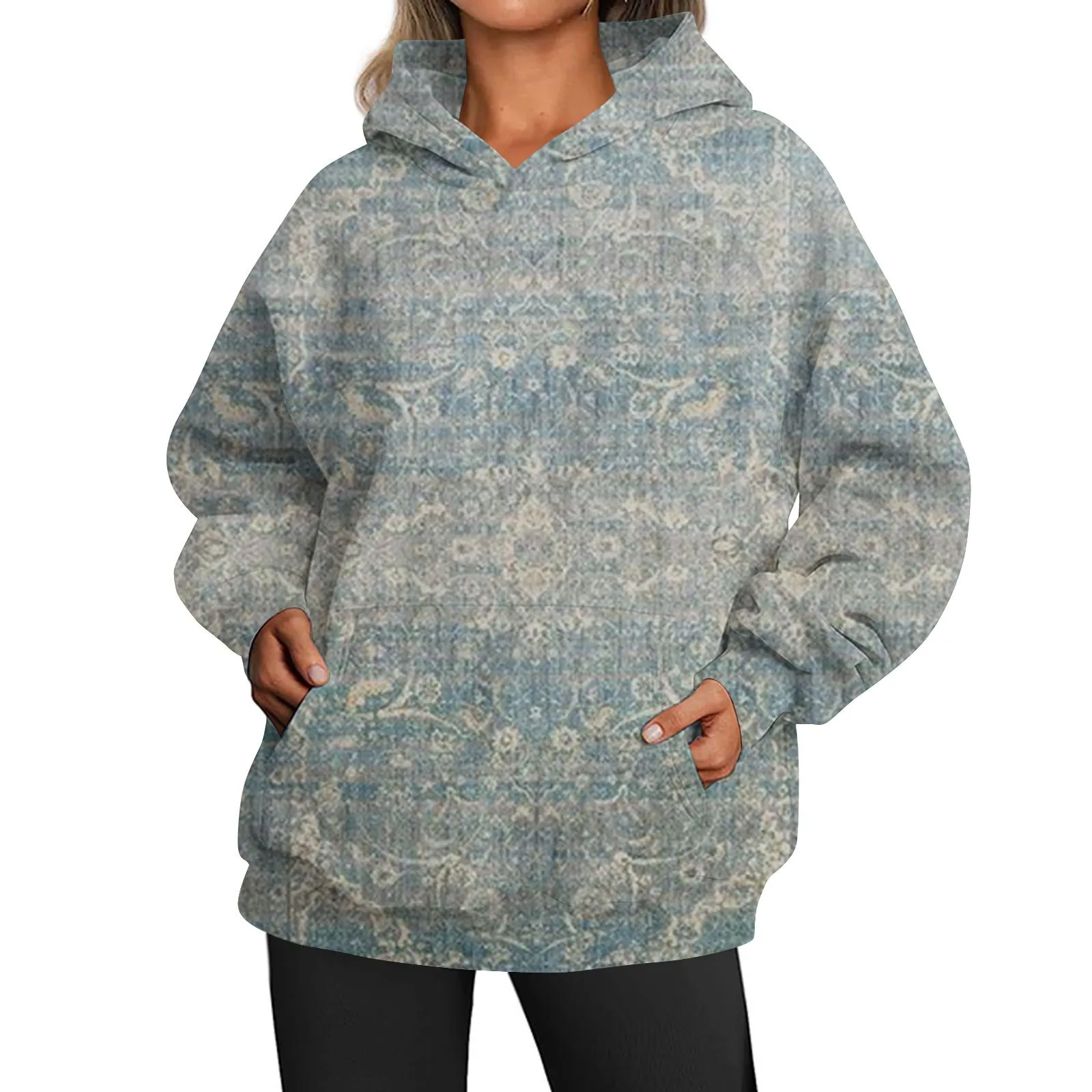 Женский весенне-осенний новый свободный свитер с капюшоном с крупным повседневным принтом Изображение 5